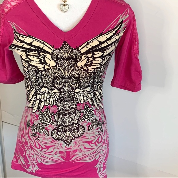 Bus Stop Women’s Lace Short Sleeve Pink Bling Tee! - Picture 1 of 5